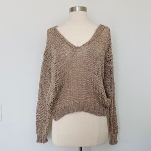 Mango Open Knit Wide V Neck Oversized Pullover Sweater Beige Taupe